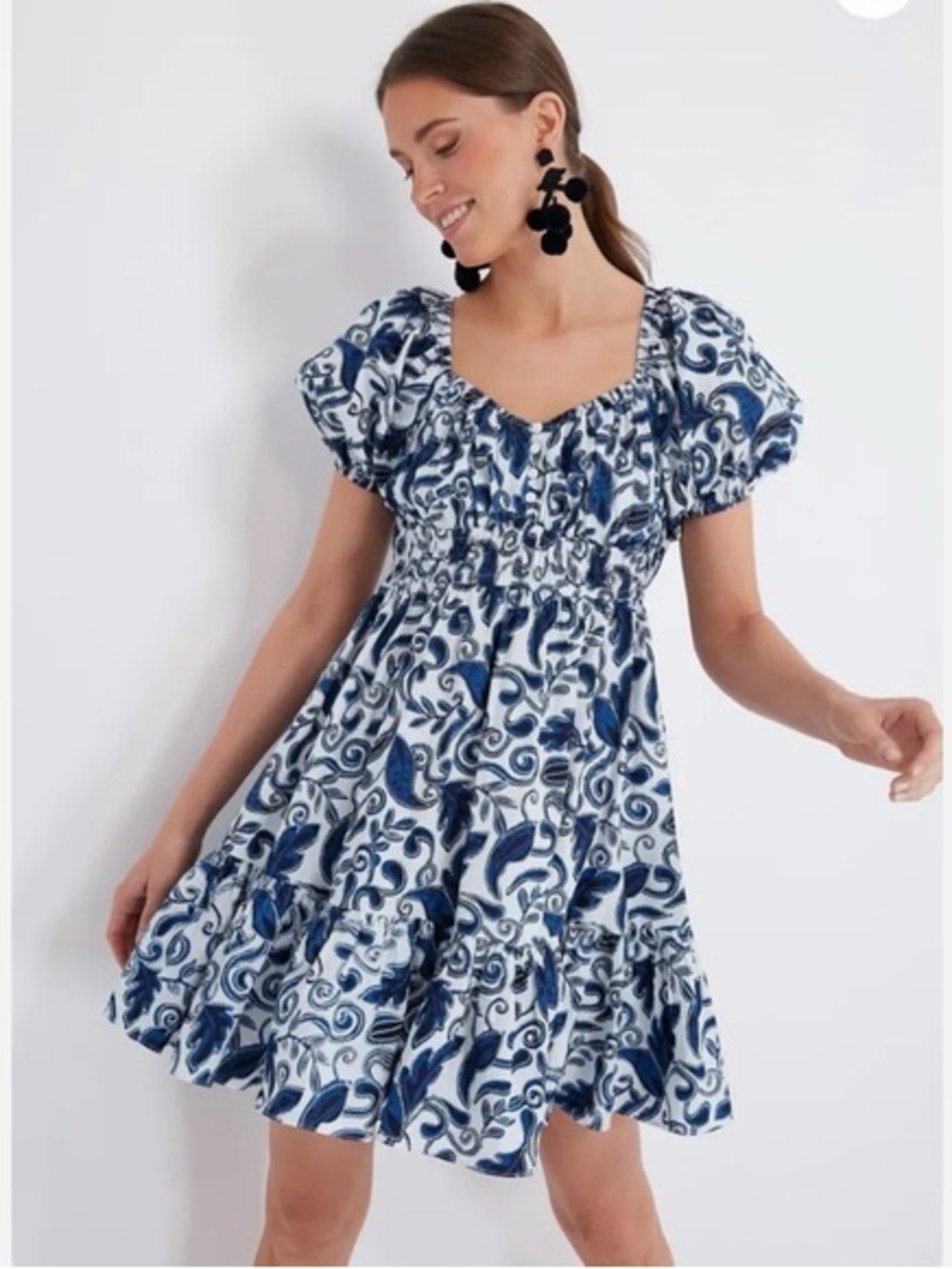 Cleobella Navy and White Printed Puff-Sleeve Mini Dress